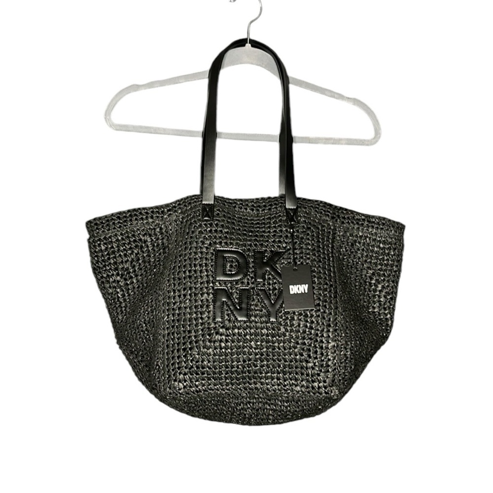 New DKNY Paloma Black‎ Natural Weave with Stitched Logo Large Tote Bag